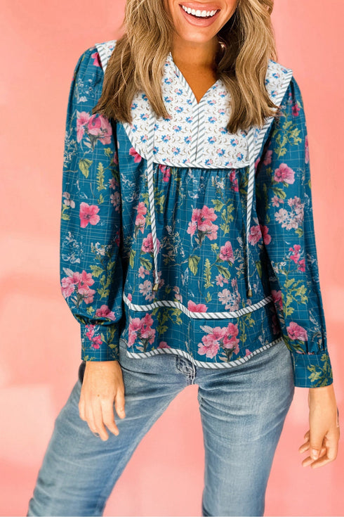 Floral Print Patchwork Contrast Trim Puff Sleeve Cotton Blouse