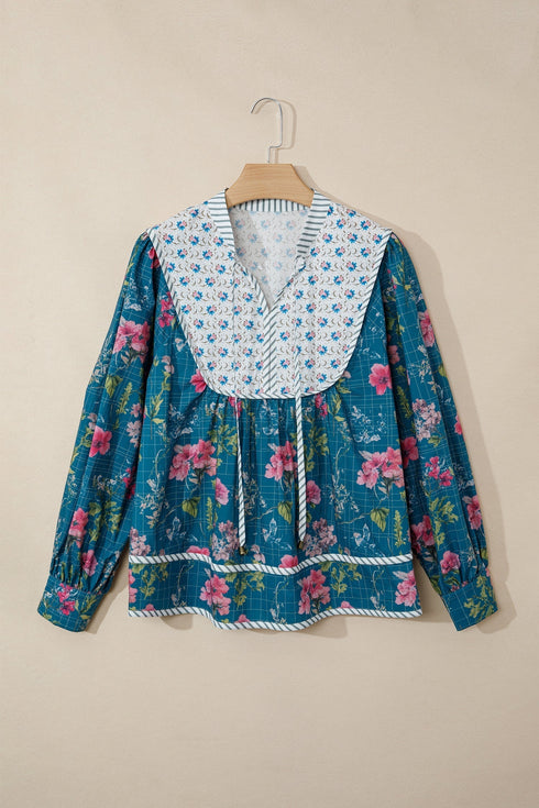 Floral Print Patchwork Contrast Trim Puff Sleeve Cotton Blouse