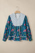 Floral Print Patchwork Contrast Trim Puff Sleeve Cotton Blouse