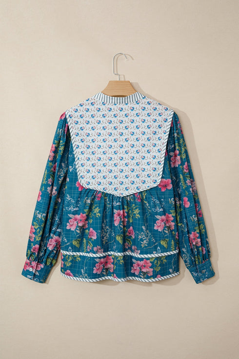 Floral Print Patchwork Contrast Trim Puff Sleeve Cotton Blouse