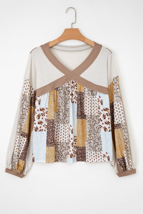 Floral Print Patchwork Mixed Media Long Sleeve Top