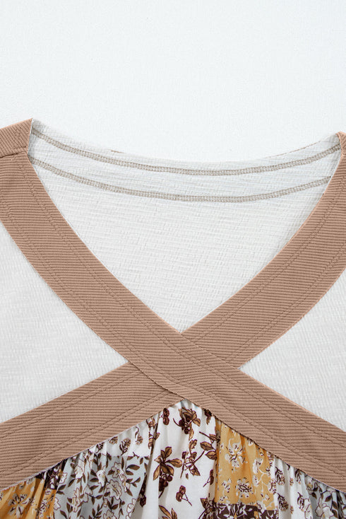 Floral Print Patchwork Mixed Media Long Sleeve Top