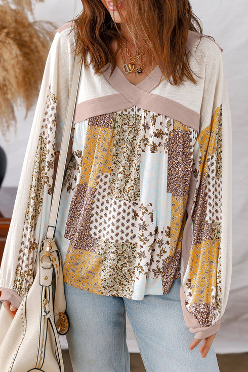 Floral Print Patchwork Mixed Media Long Sleeve Top