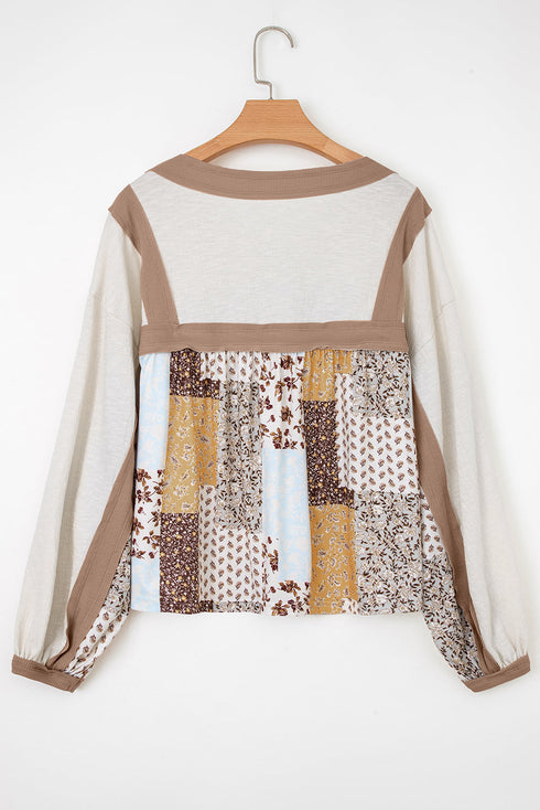 Floral Print Patchwork Mixed Media Long Sleeve Top