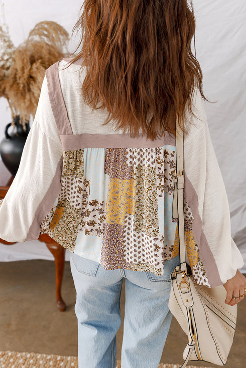 Floral Print Patchwork Mixed Media Long Sleeve Top
