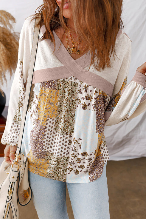 Floral Print Patchwork Mixed Media Long Sleeve Top