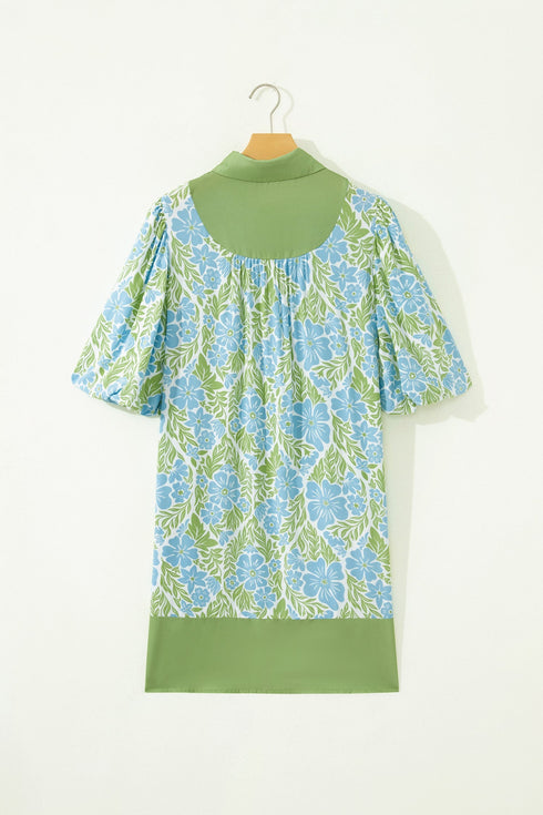 Floral Print Patchwork Panel Shirt Collar Mini Dress