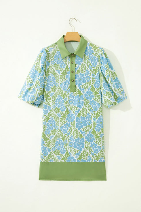 Floral Print Patchwork Panel Shirt Collar Mini Dress