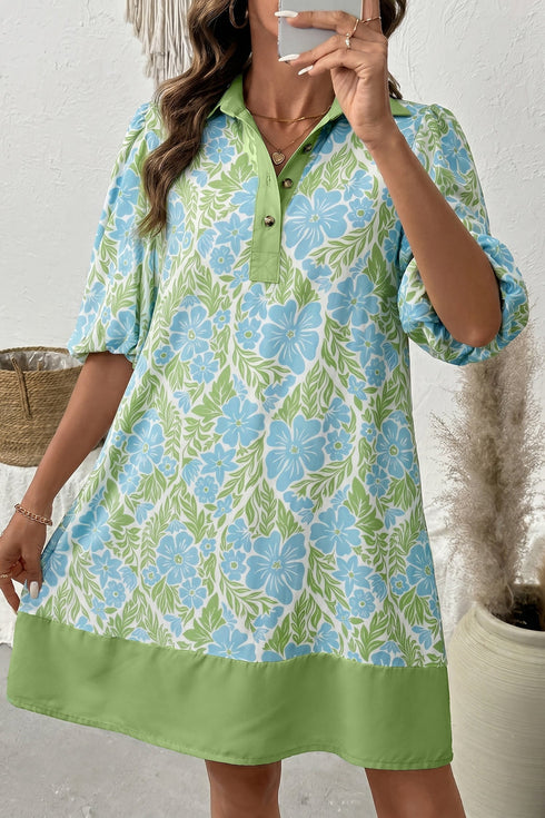 Floral Print Patchwork Panel Shirt Collar Mini Dress