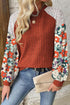 Floral Print Patchwork Ribbed Knit Long Sleeve Blouse