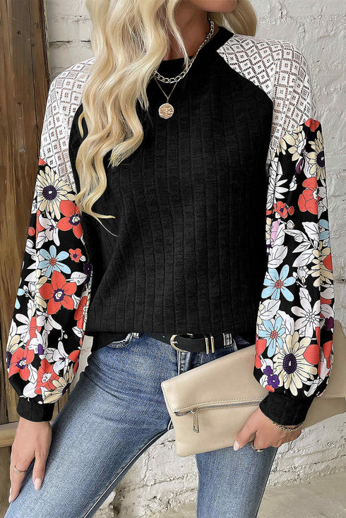 Floral Print Patchwork Ribbed Knit Long Sleeve Blouse