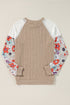 Floral Print Patchwork Ribbed Knit Long Sleeve Blouse