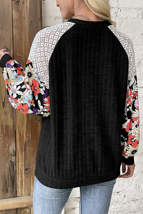 Floral Print Patchwork Ribbed Knit Long Sleeve Blouse