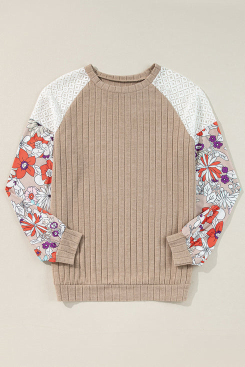 Floral Print Patchwork Ribbed Knit Long Sleeve Blouse