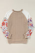 Floral Print Patchwork Ribbed Knit Long Sleeve Blouse