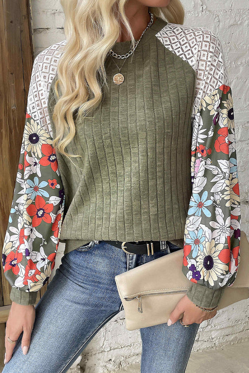 Floral Print Patchwork Ribbed Knit Long Sleeve Blouse