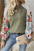 Floral Print Patchwork Ribbed Knit Long Sleeve Blouse