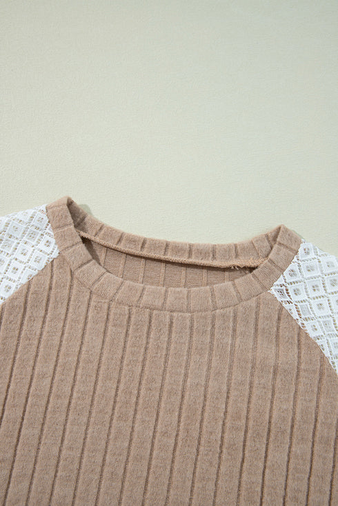 Floral Print Patchwork Ribbed Knit Long Sleeve Blouse
