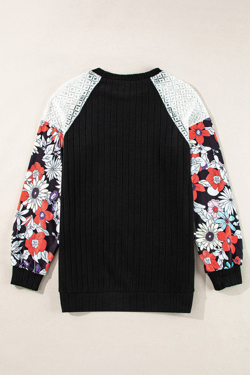 Floral Print Patchwork Ribbed Knit Long Sleeve Blouse