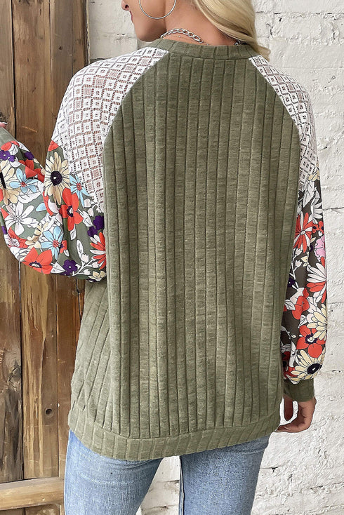 Floral Print Patchwork Ribbed Knit Long Sleeve Blouse