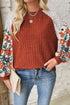 Floral Print Patchwork Ribbed Knit Long Sleeve Blouse