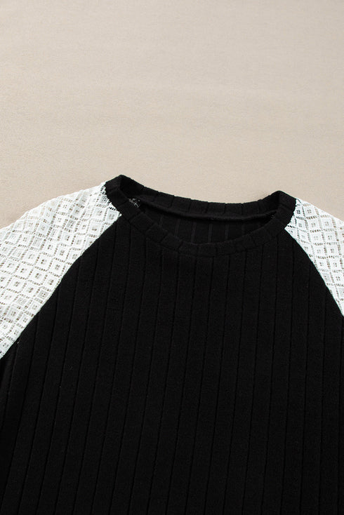 Floral Print Patchwork Ribbed Knit Long Sleeve Blouse