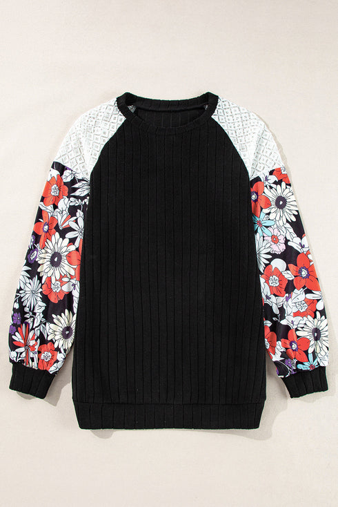 Floral Print Patchwork Ribbed Knit Long Sleeve Blouse