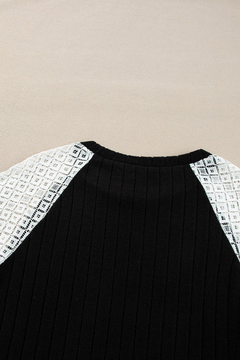 Floral Print Patchwork Ribbed Knit Long Sleeve Blouse