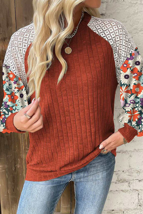 Floral Print Patchwork Ribbed Knit Long Sleeve Blouse
