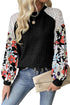 Floral Print Patchwork Ribbed Knit Long Sleeve Blouse