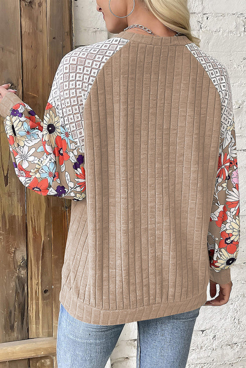 Floral Print Patchwork Ribbed Knit Long Sleeve Blouse