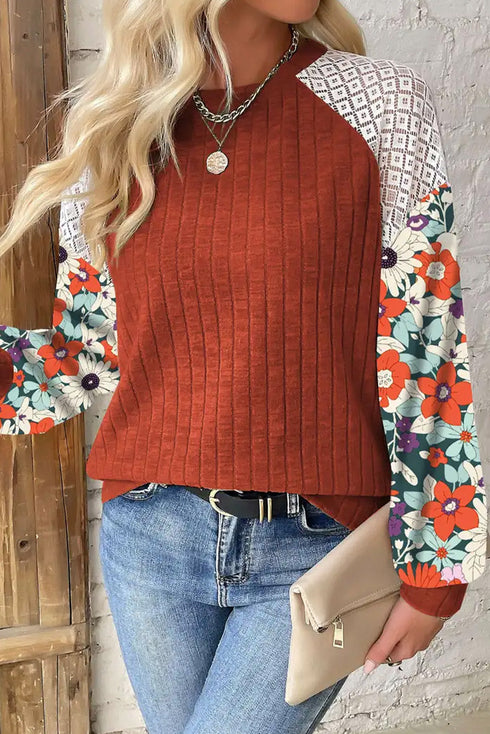 Floral Print Patchwork Ribbed Knit Long Sleeve Blouse