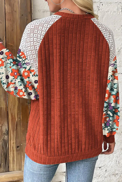 Floral Print Patchwork Ribbed Knit Long Sleeve Blouse
