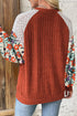 Floral Print Patchwork Ribbed Knit Long Sleeve Blouse