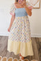 Floral Print Patchwork Square Neck Shirred Long Dress