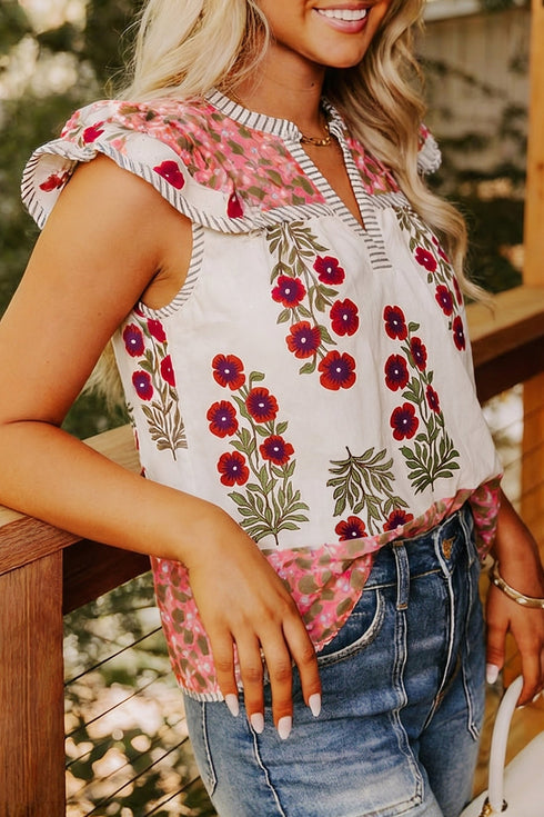 Floral Print Patchwork Striped Trim Flutter Sleeve Blouse