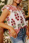 Floral Print Patchwork Striped Trim Flutter Sleeve Blouse