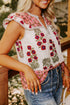 Floral Print Patchwork Striped Trim Flutter Sleeve Blouse