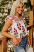 Floral Print Patchwork Striped Trim Flutter Sleeve Blouse