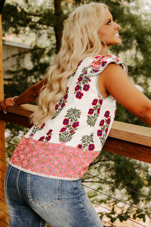 Floral Print Patchwork Striped Trim Flutter Sleeve Blouse