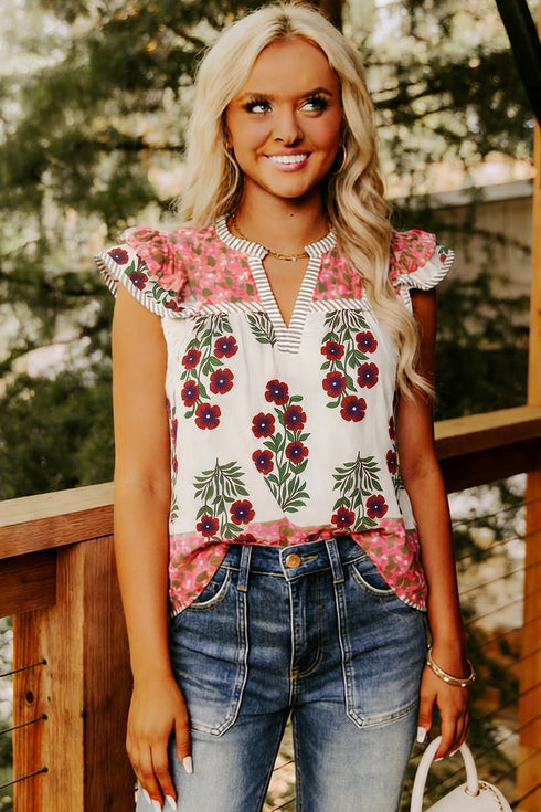 Floral Print Patchwork Striped Trim Flutter Sleeve Blouse