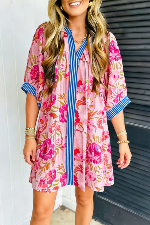 Floral Print Patchwork Striped Trim Half Sleeve Mini Dress