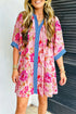 Floral Print Patchwork Striped Trim Half Sleeve Mini Dress