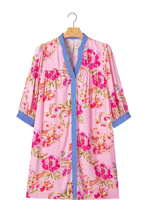 Floral Print Patchwork Striped Trim Half Sleeve Mini Dress