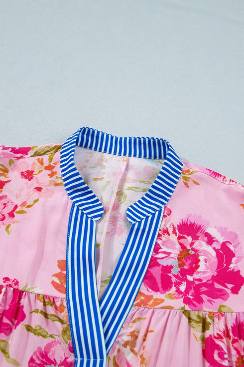 Floral Print Patchwork Striped Trim Half Sleeve Mini Dress