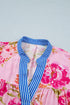Floral Print Patchwork Striped Trim Half Sleeve Mini Dress