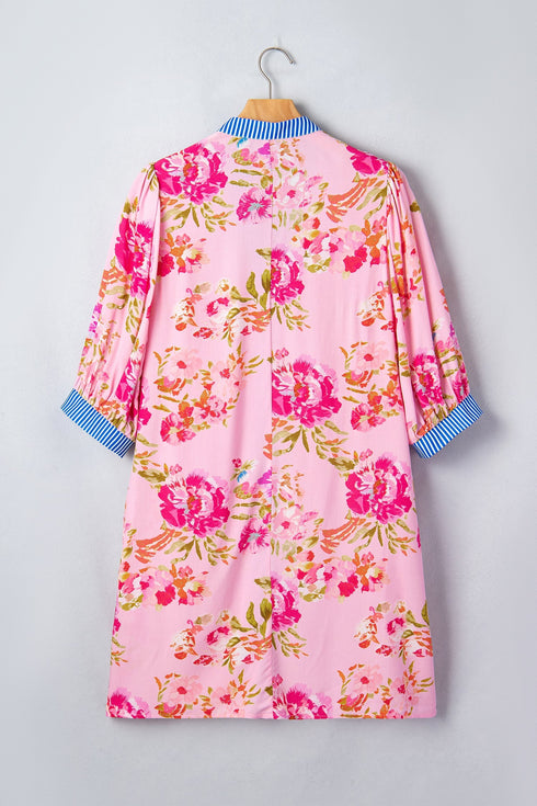 Floral Print Patchwork Striped Trim Half Sleeve Mini Dress