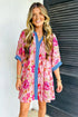 Floral Print Patchwork Striped Trim Half Sleeve Mini Dress