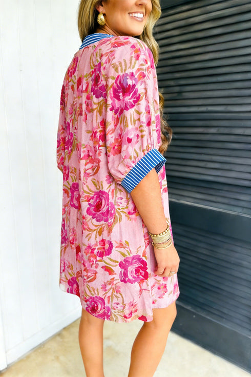 Floral Print Patchwork Striped Trim Half Sleeve Mini Dress