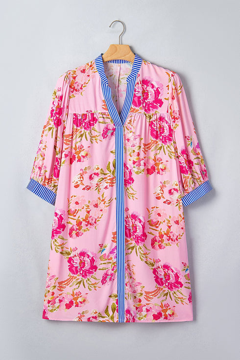 Floral Print Patchwork Striped Trim Half Sleeve Mini Dress